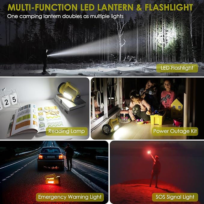 Rechargeable LED Flashlight, Camping Lantern Flashlight with 1000LM, 7 Modes, Power Bank, IPX4 Waterproof Camping Essentials Light for Hurricane Emergency Hiking Survival Kits - Yellow