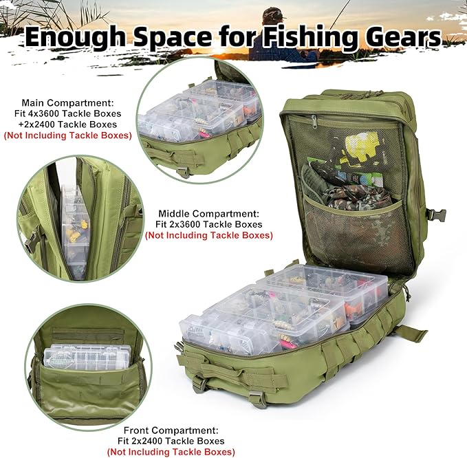 45l Large Fishing Tackle Backpack with Removable Plier Holder & Rod Holders, Green Tactical Bag, Fishing Gear and Tackle Box Organizer, Hiking Rucksack without Tackle Box