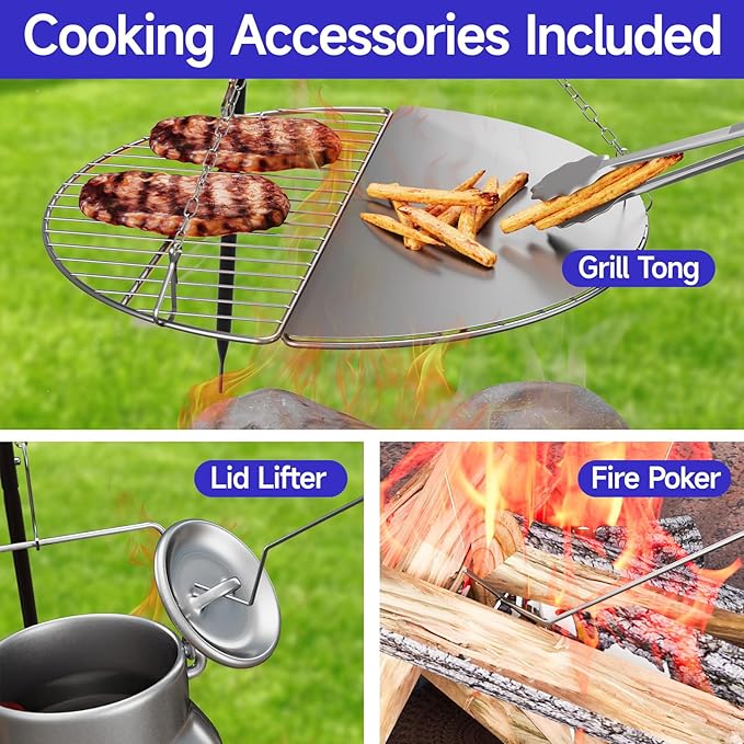 Tripod Cooker Campfire, Grill Grate with Adjustable Height for Cooking Over Fire & Collapsible Legs for Easy Storage