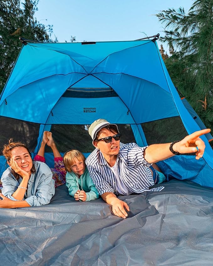 OutdoorMaster Beach Tent for 3-4 Person - Easy Setup and Portable Beach Shade Sun Shelter Canopy with UPF 50+ UV Protection Removable Skylight Family Size