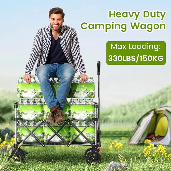 Collapsible Wagon Cart with Wider Wheels, 330lbs Heavy Duty Foldable Beach Wagon with Auto-Rebound Handle, 180L Utility Grocery Shopping Cart for Garden, Shopping, Camping, Sports, Gray