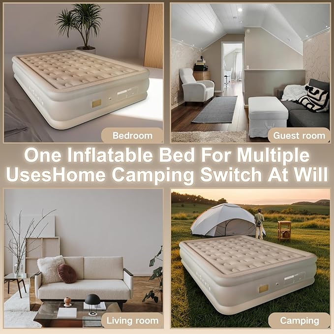 Semi-Frosted Khaki 16in Full Air Mattress with USB Pump, 600lbs Capacity-Quick Inflation, Non-Leak, Portable Foldable, Ultra-Soft Khaki Velvet Top for Camping & Guest Bed