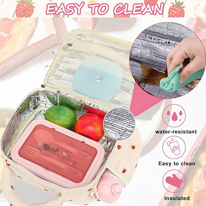 LOIDOU Lunch Box for Kids Girls Cute Corduroy Insulated Lunch Bag Thermal Meal Tote Reusable Lunch Pail Bags for School Travel (Corduroy Strawberry Beige)