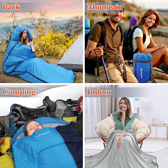XL 10 Degree Sleeping Bags Waterproof for Adults 350GSM Machine Washable with Compression Sack for 3-4 Season Camping Outdoor
