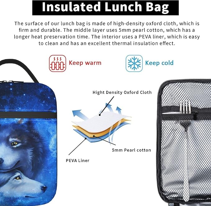 Wolf Lunch Box Reusable Insulated Totes Lunch Bag Thermal Cooler For Boy Girls School Men Women Beach Picnic Travel