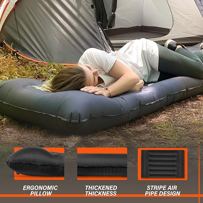 TOBTOS Inflatable Camping Sleeping Pad with Pillow, Thick 6 Inch Ultralight Sleeping Pad with Built-in Pump, Lightweight Sleeping Mat for Camping, Backpacking, Hiking, Tent (Grey)
