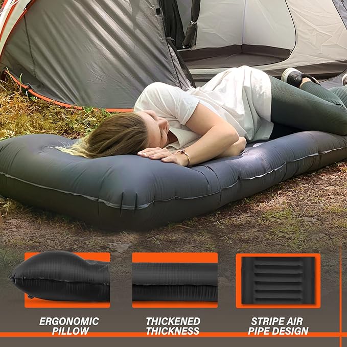 TOBTOS Inflatable Camping Sleeping Pad with Pillow, Thick 6 Inch Ultralight Sleeping Pad with Built-in Pump, Lightweight Sleeping Mat for Camping, Backpacking, Hiking, Tent (Grey)
