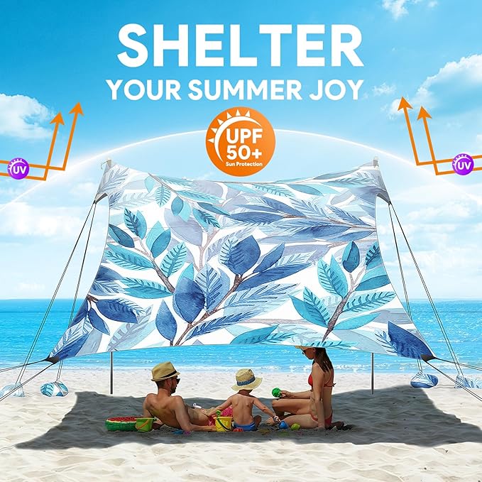 Beach Tent Sun Shelter, 10 x 10 FT Beach Canopy Tent Sun Shade, UPF50+ Beach Tent Canopy with 8 Sandbags & 4 Stability Poles, Outdoor Beach Tent for Beach Camping Fishing, Leaf