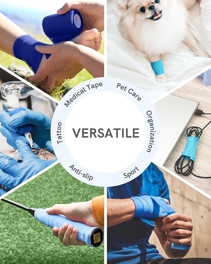 FriCARE Self Adhesive Bandage Wrap, Medical Tape in First Aid Kit, Cohesive Bandages for Wounds Sport Vet, FSA/HSA Eligible, 2 Inches X 5 Yards 6 Rolls, Ocean