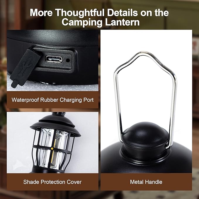 LED Camping Lantern Rechargeable 2 Fixed Models Hanging Tent Lanterns Type-C IPX4 Waterproof for Camper Power Outages Essentials for Picnics Home Patio Travel, Black