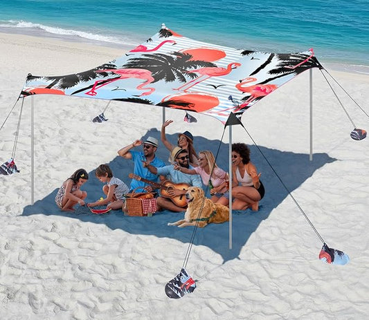 Rhino Valley Beach Tent Sun Shelter, 10x10FT Beach Canopy Tent Sun Shade UPF50+ Protection with 8 Sandbags 4 Stability Poles, Outdoor Beach Shade Canopy 6-8 People for Beach Camping Fishing