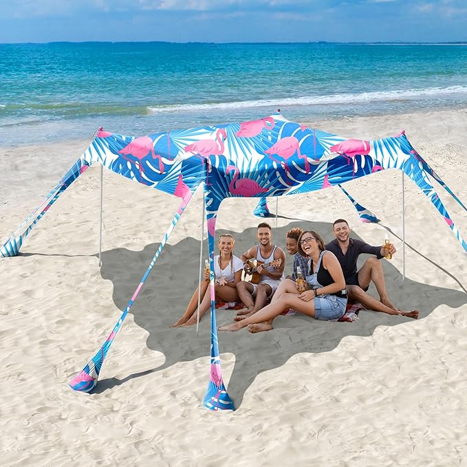 Rhino Valley Beach Tent Sun Shelter, 10x10FT Beach Canopy Tent Sun Shade UPF50+ Protection with 8 Sandbags 4 Stability Poles, Outdoor Beach Shade Canopy 6-8 People for Beach Camping Fishing