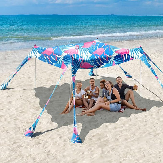 Rhino Valley Beach Tent Sun Shelter, 10x10FT Beach Canopy Tent Sun Shade UPF50+ Protection with 8 Sandbags 4 Stability Poles, Outdoor Beach Shade Canopy 6-8 People for Beach Camping Fishing