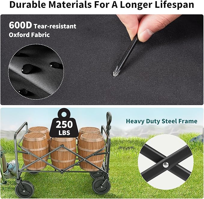 Collapsible Wagon Cart Foldable, 30" L Folding Beach Wagon with All-Terrain Wheels, Shopping Cart with 250lbs Capacity, Portable Camping Wagons Carts for Grocery Garden and Sports, Modern Black