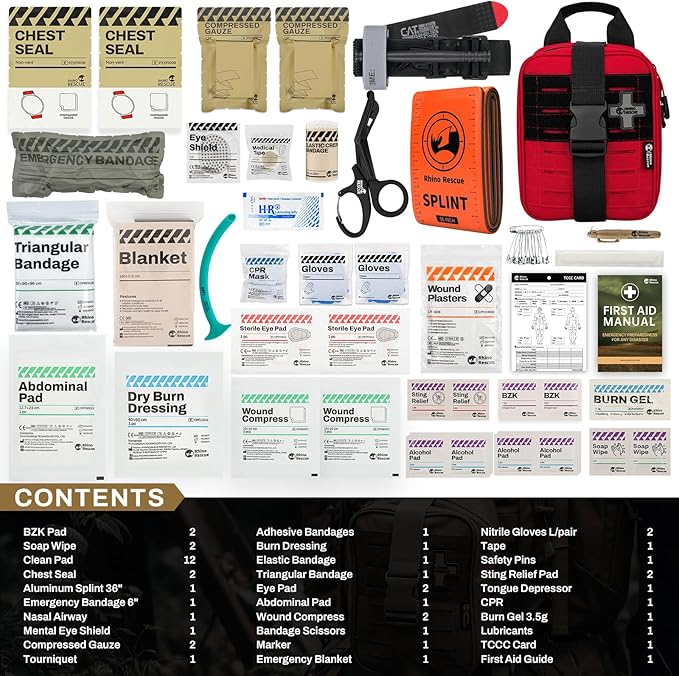 RHINO RESCUE IFAK Trauma Kit with C-A-T Tourniquet, Tactical First Aid Kit Molle Pouch for Military, Combat, Car, Camping, Hiking, Travel， FSA HSA Eligible (Red)