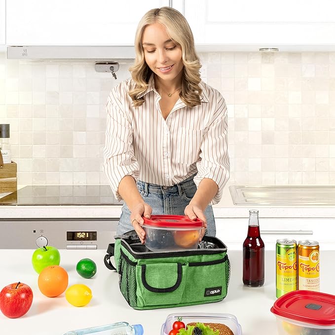 opux Lunch Box for Men, Adult Lunch Box Cooler, Insulated Lunch Bag Women, Dual Compartment Lunchbox for Work, Leakproof Double Decker Lunch Bag, Soft Lunch Pail Tote Boys Girls Kids School, Green
