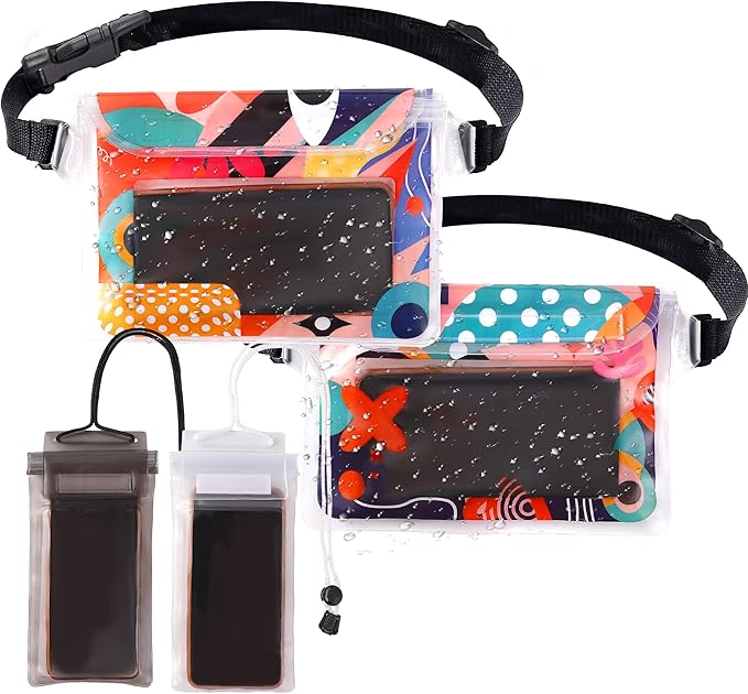 4 Pack Waterproof Fanny Pack with Waist Strap Waterproof Phone Pouch Dry Bag for Kayaking Pool Swimming Boating Beach Fishing Travel Diving Surfing (B-Hawaii, 2 Fanny Pack + 2 Phone Pouch)