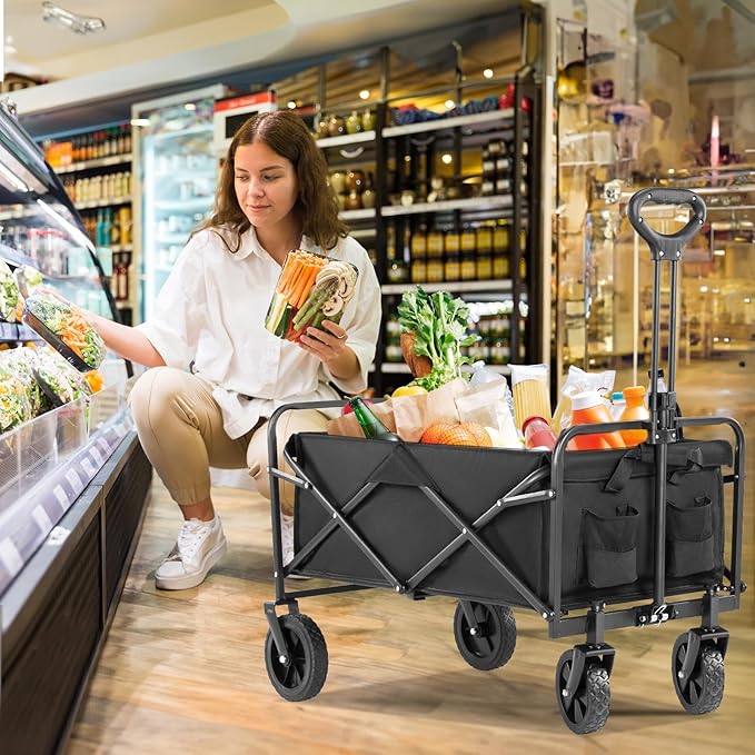 Collapsible Wagon Cart Foldable, 30" L Folding Beach Wagon with All-Terrain Wheels, Shopping Cart with 250lbs Capacity, Portable Camping Wagons Carts for Grocery Garden and Sports, Modern Black