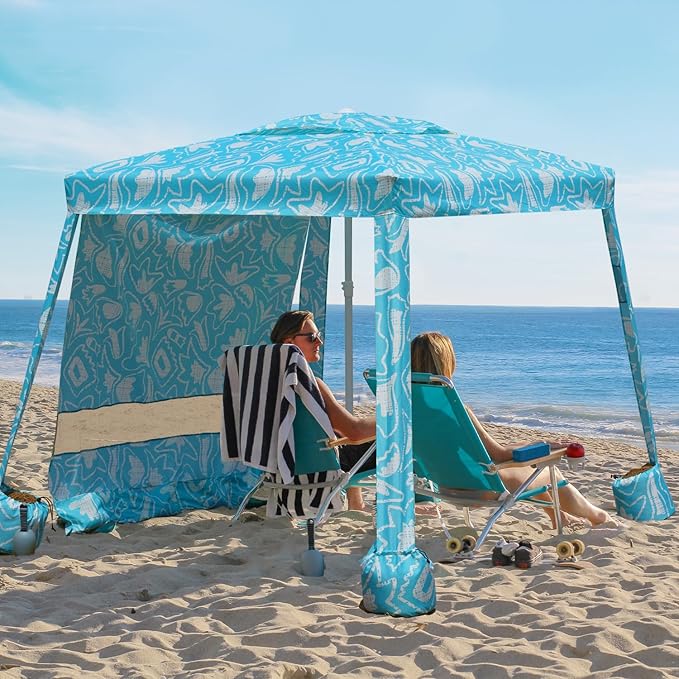 AMMSUN Beach Cabana, 6.2'×6.2' Beach Canopy, Easy Set up and Take Down, Cabana Tent with Sand Pockets, Instant Sun Shade with Side Wall, Tropical Aqua