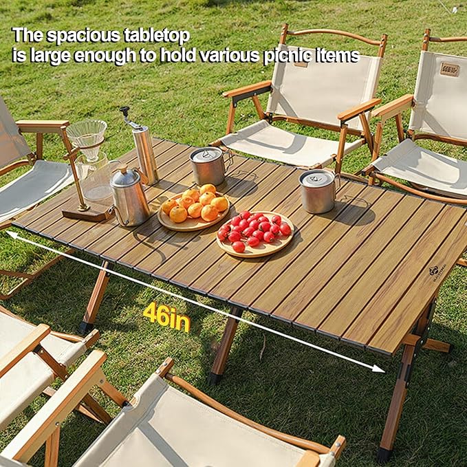 Folding Camping Table, Roll-Up Folding Table with Carry Bag, Portable Aluminum Picnic Table, Low Height Beach Table for Outdoor Use, Travel, BBQ & Hiking, Easy Assembly (Natural)