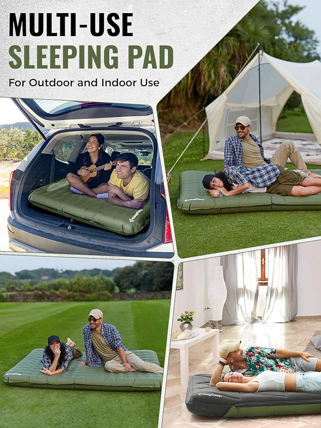 KingCamp Double Sleeping Pad, Inflatable Camping Mattress 2 Person with Removable Foam Cover & Pump Sack, Queen Sleeping Mat Camping Essentials for Outdoor Tent Car (Green)