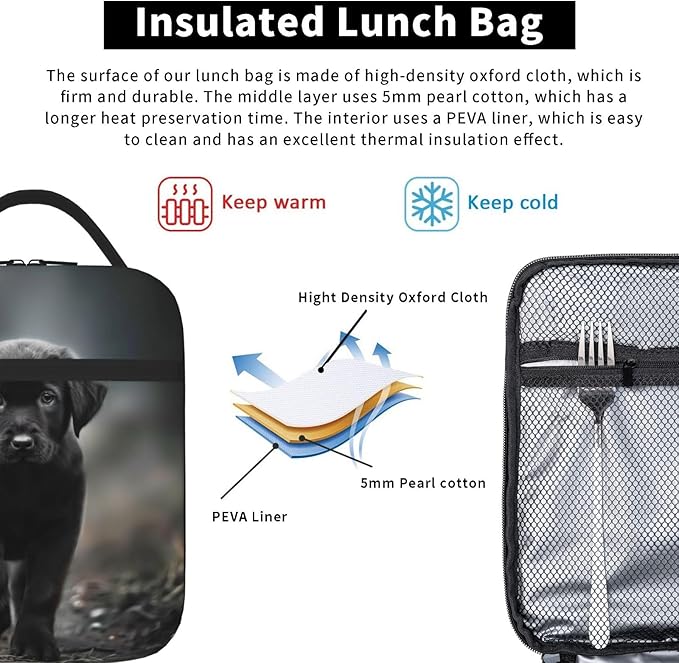 SARA NELL Dog Insulated Lunch Bag Black Labrador Dog Puppy Lunch Box for Women Men Teens Kids, Reusable Lunch Tote Bag, Leakproof Thermal Insulated Lunch Bags for Work, Picnic, School or Travel