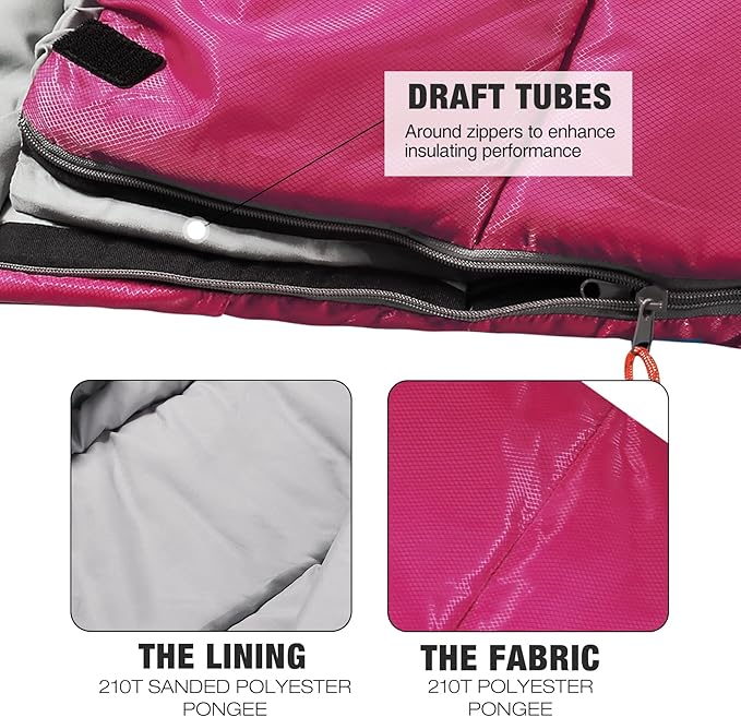 REDCAMP Kids Mummy Sleeping Bag for Camping, 3 Season Cold Weather Sleeping Bag Fit Boys,Girls & Teens, Blue/Rose Red