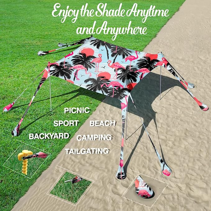 Rhino Valley Beach Tent Sun Shelter, Beach Canopy Tent Sun Shade UPF50+ Protection with 8 Sandbags 4 Stability Poles, Outdoor Beach Shade Canopy for Beach, Camping, Fishing