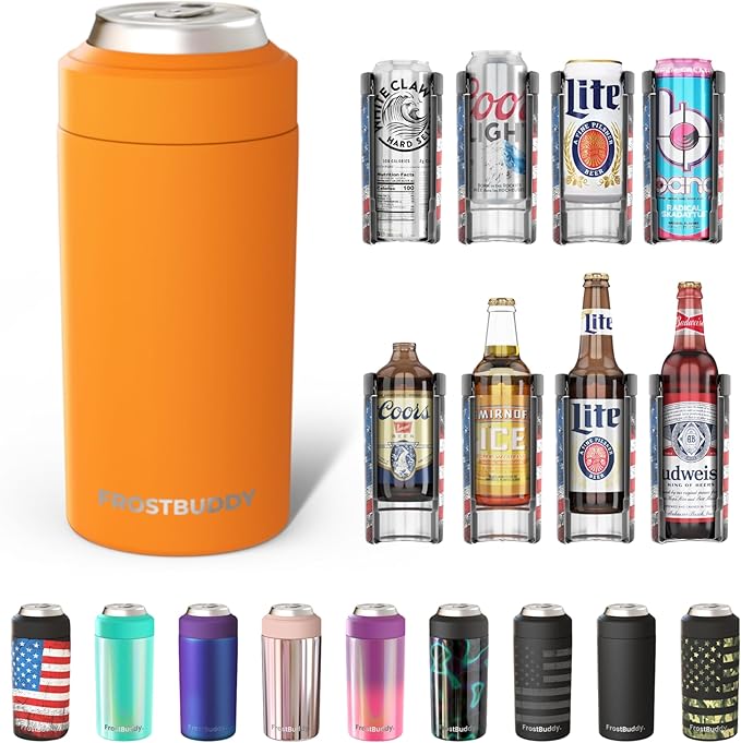 Frost Buddy Universal Can Cooler - Fits all - Stainless Steel Can Cooler for 12 oz & 16 oz Regular or Slim Cans & Bottles - Stainless Steel
