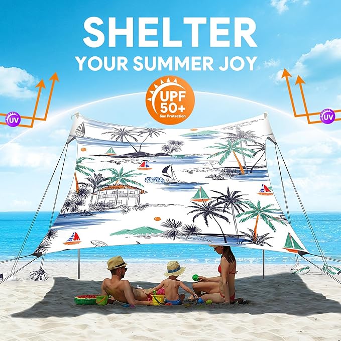 Beach Tent Sun Shelter, 10 x 10 FT Beach Canopy Tent Sun Shade, UPF50+ Beach Tent Canopy with 8 Sandbags & 4 Stability Poles, Outdoor Beach Tent for Beach Camping Fishing, Boat