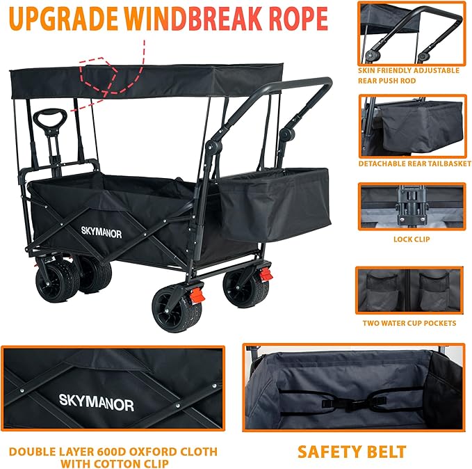 Collapsible Wagon Folding Garden Cart with Removable Canopy Utility Wagon Cart with All-Terrain Wheels Brake Beach Cart for Sand Heavy Duty Beach Wagon for Camping Shopping (Black)