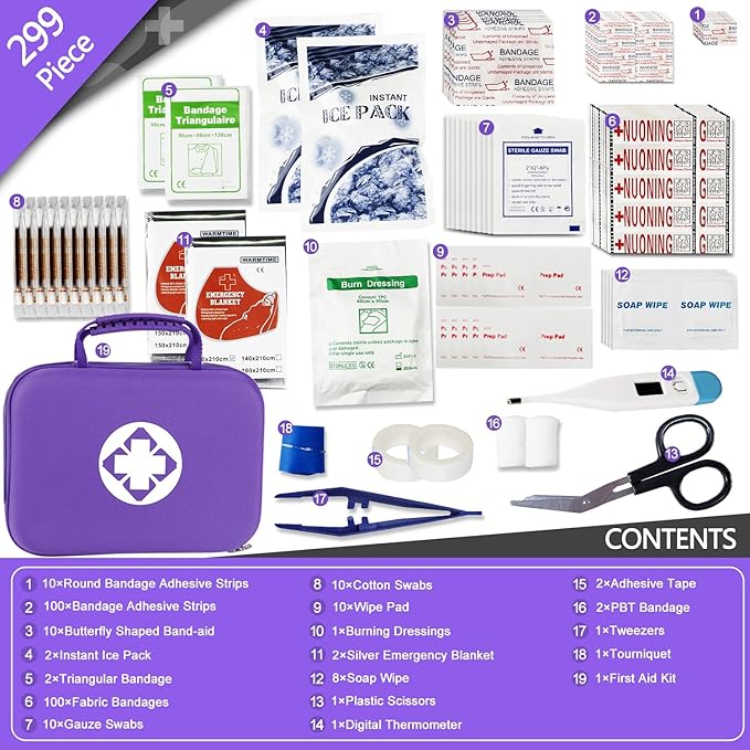 299PCS First Aid Kit Portable Purple Camping Essentials Multiple Purpose Survival Kits Plus Case Emergency Set Outdoor Backpacking Gear Suitable for Hiking School Car Home YIDERBO