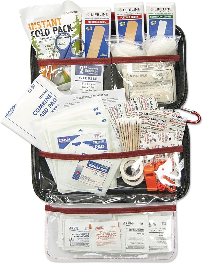 LIFELINE-4180 AAA 121 Piece Road Trip First Aid Kit packaged in compact hard shell foam carry case, ideal for emergency use in cars, camping, hiking, or offices alike- Red