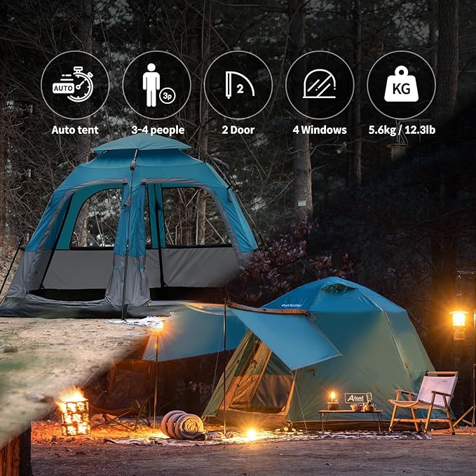 Pop Up Tents for Camping, Waterproof 4 Person Instant Tents Camping with Removable Rainfly, 2 Door 4 Mesh Windows Easy Setup Camping Tent, Included Moisture-Proof Mat