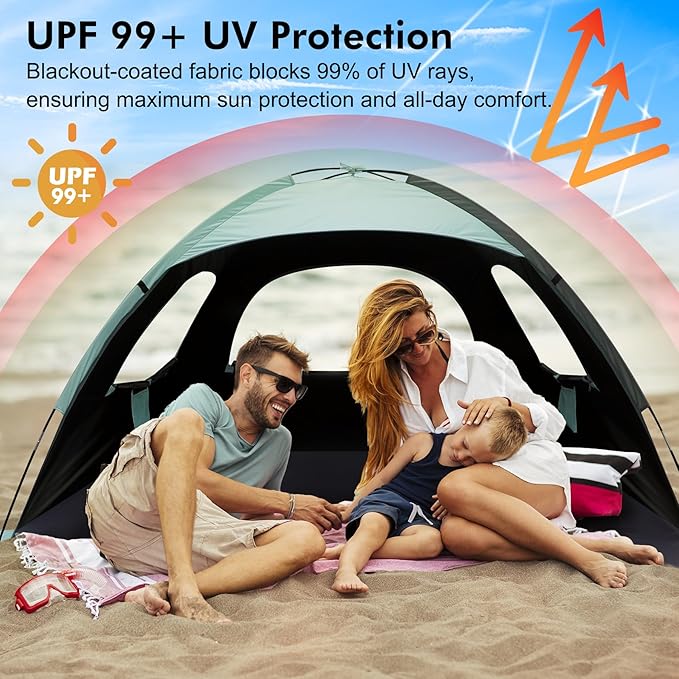 WhiteFang Beach Tent Anti-UV Portable Sun Shade Shelter for 3/4/6/8 Person, Extendable Floor with 3 Ventilating Mesh Windows Plus Carrying Bag, Stakes and Guy Lines