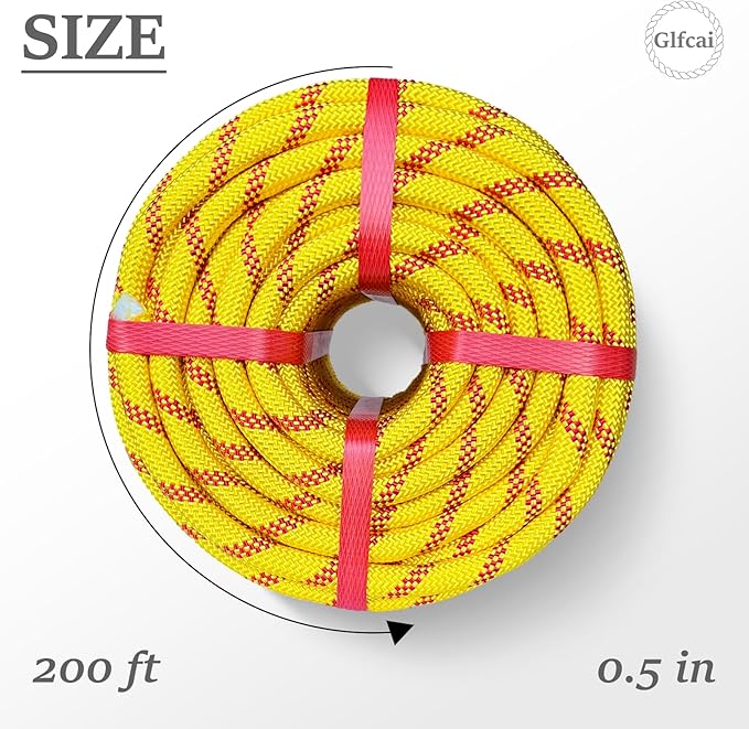 Climbing Rope 1/2 in x 200 Ft Yellow Bull Rope Polyester Braided Arborist Rope 1/2 inch 48 Strands 200ft for Tree Pulling,Nautical Rigging Rope Swing