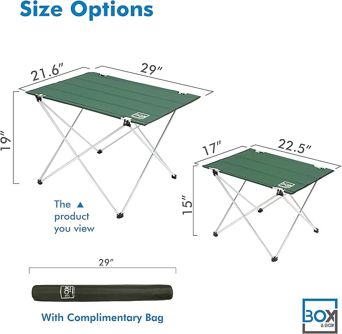 Box & Box Fabric Folding Table with Travel Bag | Portable Folding Camping Table for Outdoor, Beach, Picnic & Kitchen Use (Green, 29 x 21.6 x 19)