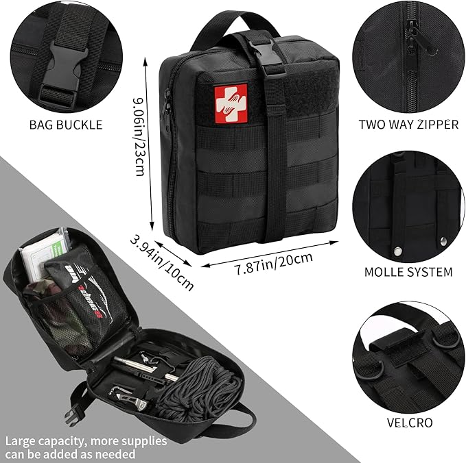 Emergency Survival Kit, Camping First Aid Survival Kit with Molle Pouch for Earthquake Preparedness Outdoor Adventure, Black