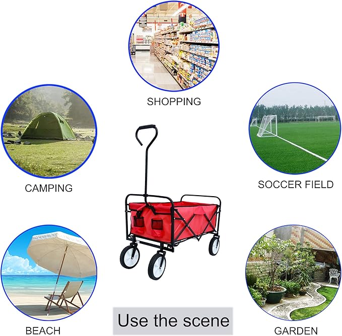 Collapsible Folding Wagon Garden Shopping Beach Cart,Heavy Duty Utility Buggy with Big Wheels,Adjustable Handle and Cup Holder,for Sand,Camping,Outdoor,40.55",Red
