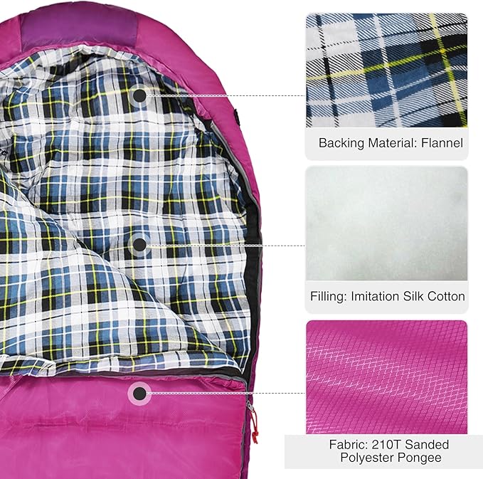 REDCAMP Kids Mummy Sleeping Bag for Camping, 3 Season Cold Weather Sleeping Bag Fit Boys,Girls & Teens, Blue/Rose Red