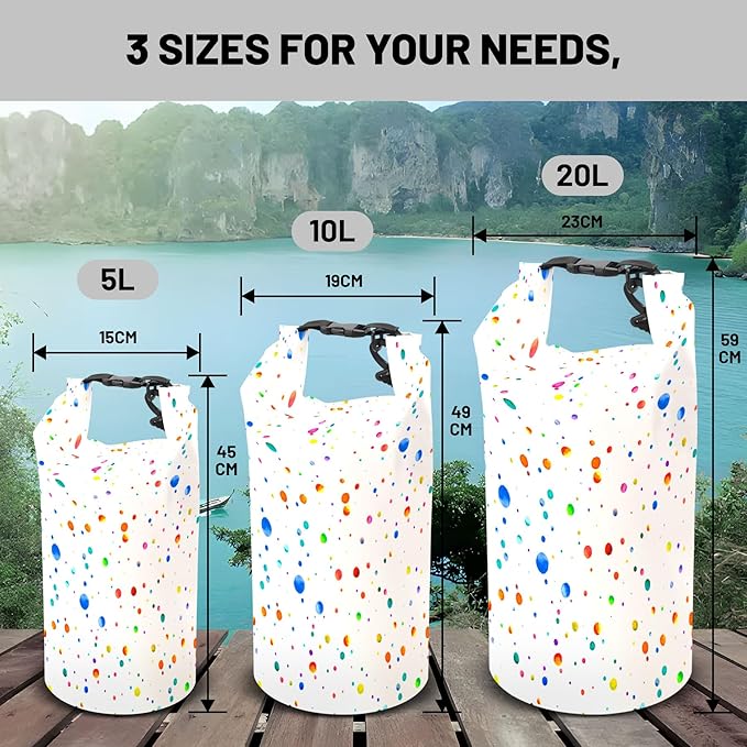 Waterproof Dry Bag,Roll Top Colorful Polka Dot Small Waterproof Backpack 5L/10L/20L Floating and Lightweight Bags for Kayaking, Boating, Fishing, Swimming and Camping with Waterproof Phone Case