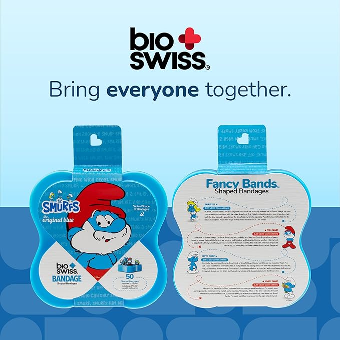 BioSwiss Bandages, The Smurfs Classic Shaped Self Adhesive Bandage, Latex Free Sterile Wound Care, Fun First Aid Kit Supplies for Kids and Adults, 50 Count Plastic Case