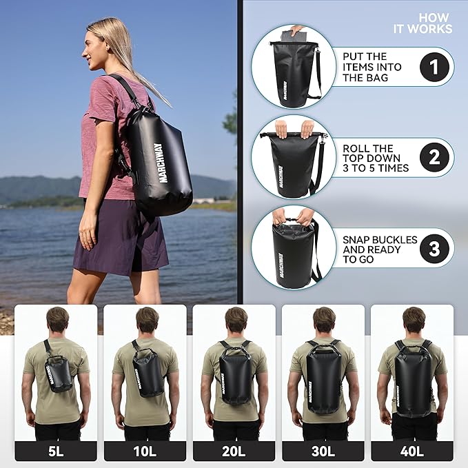 MARCHWAY Floating Waterproof Dry Bag Backpack 5L/10L/20L/30L/40L, Roll Top Sack Keeps Gear Dry for Kayaking, Rafting, Boating, Swimming, Camping, Hiking, Beach, Fishing