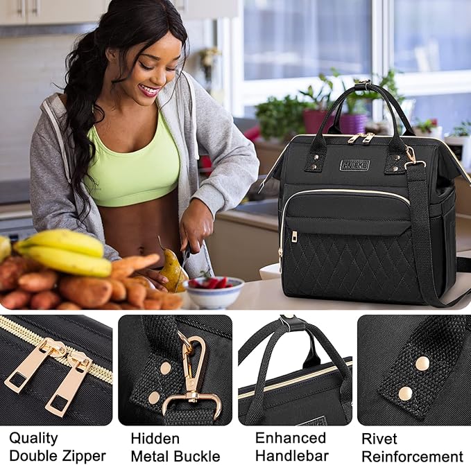 AIJIEKE Lunch Bag for Women, Large Lunch Box for Work Insulated Lunch Bag, Adult Leak Proof Lunch Tote Cooler Bag with Side Pockets & Adjustable Strap, Lunch Purse for Picnic Beach, Black
