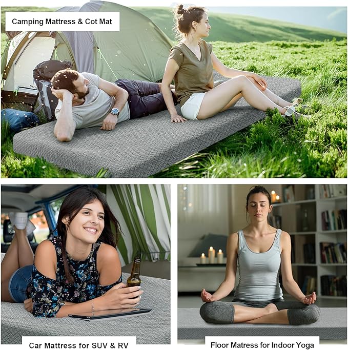 HOMBYS Memory Foam Camping Mattress Pad,Portable Sleeping Pad for Adult,Waterproof Cot Mattress,Roll Up Floor Mattress,Foldable Backpacking Travel Bed for Hiking,Guest Bed