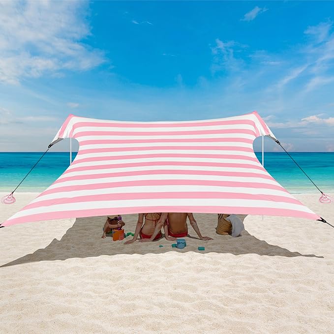 Beach Tent Canopy, UPF 50+ UV Protection Beach Sun Shade, Portable 10×10 FT Large Pop-Up Tent Sun Shelter with Sand Anchors, Ground Pegs, Easy Setup for Camping, Park, and Backyard Fun-Pink Stripe