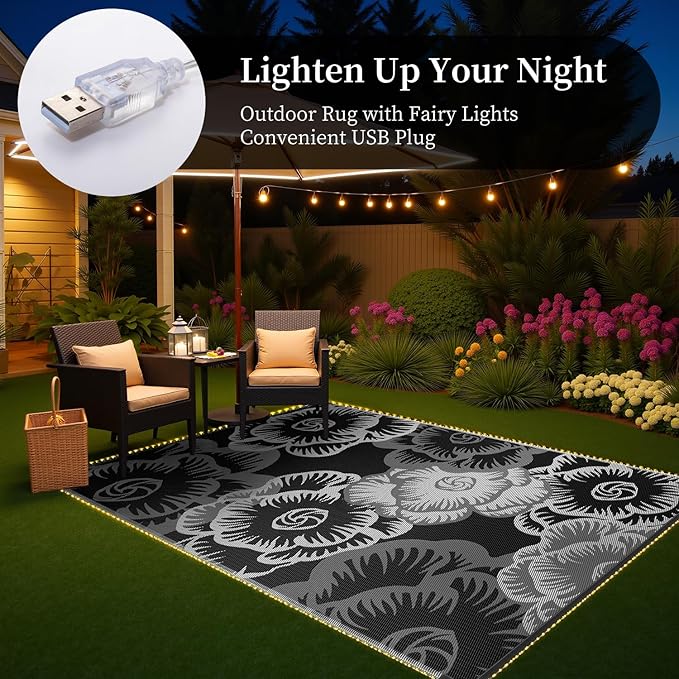 MontVoo Outdoor Rug with Led String Strip Lights 8x10ft Waterproof Outdoor Patio Rug Mat Reversible Plastic Straw Rug Outside Outdoor Rug for RV Camping Picnic Balcony Backyard Fairy Outdoor Decor