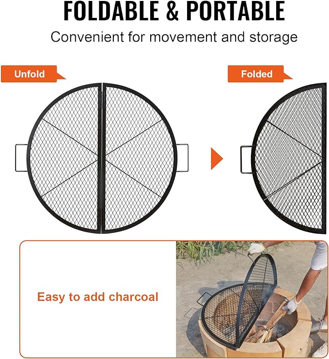 VEVOR X-Marks Fire Pit Grill Grate, Foldable Round Cooking Grate, Heavy Duty Steel Campfire BBQ Grill Grid with Handle and Support X Wire, Portable Camping Cookware for Outside Party, 36 Inch Black