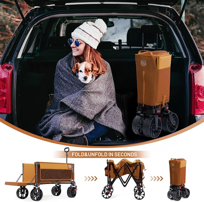 TIMBER RIDGE 47" L Collapsible Wagon with Tailgate & Brake, 300lbs Heavy Duty Beach Wagon with All-Terrain Big Wheels, 250L Foldable Utility Cart for Sand Camping Sports Shopping, Orange