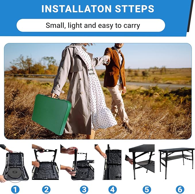 Portable Folding Table and Stool Set, Lightweight Foldable Table & Collapsible Stool for Camping Picnic Beach Fishing, Sturdy Small Outdoor Table with Mesh Layer Storage